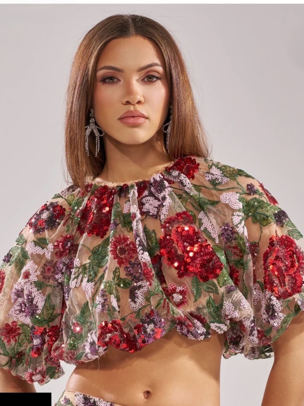 AKIRA Red & Green Sequin Floral Crop Top -listing is for top only.